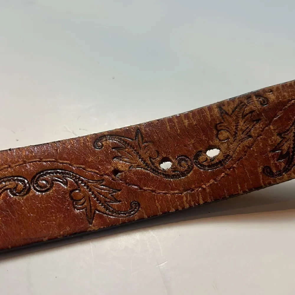 leather tooled belt with buckle hand stained latitan sz 36 western cowboy rodeo